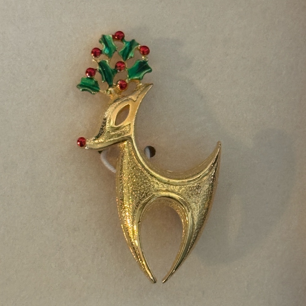 Mid Century Modern Gold Tone Rudolph Reindeer Brooch Pin w/ Green and Red Holly